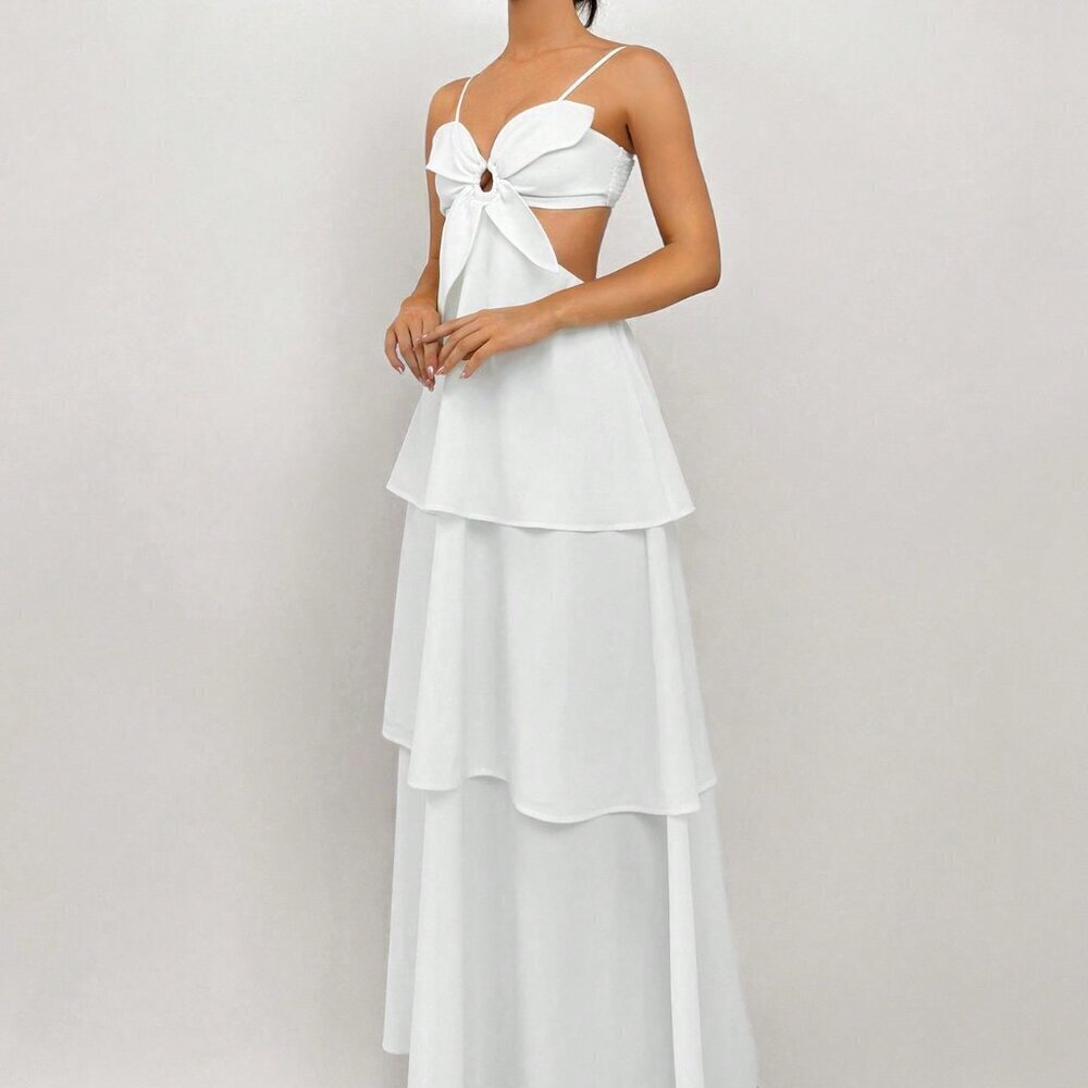 White Elegant Romantic Women's 3D Flower Strap Dress - Graduation/Wedding Season - Picture 5 of 5